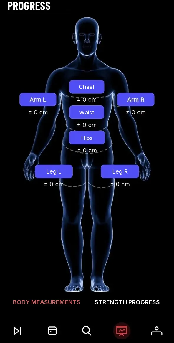 Progress view with body measurements for chest, waist, hips, arms and legs