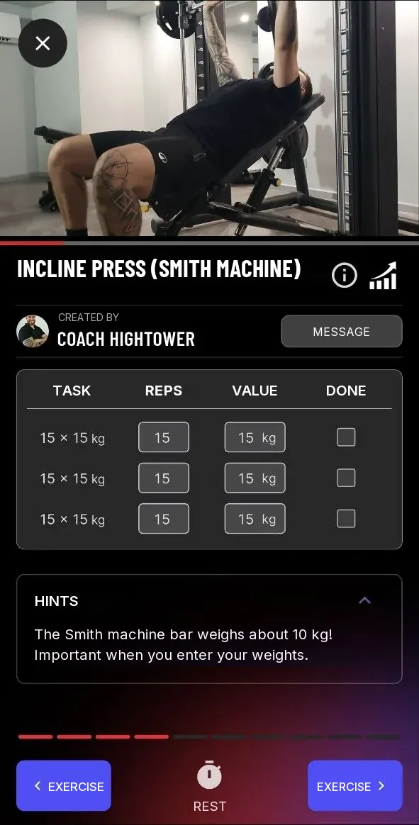 Exercise view with the form notes open