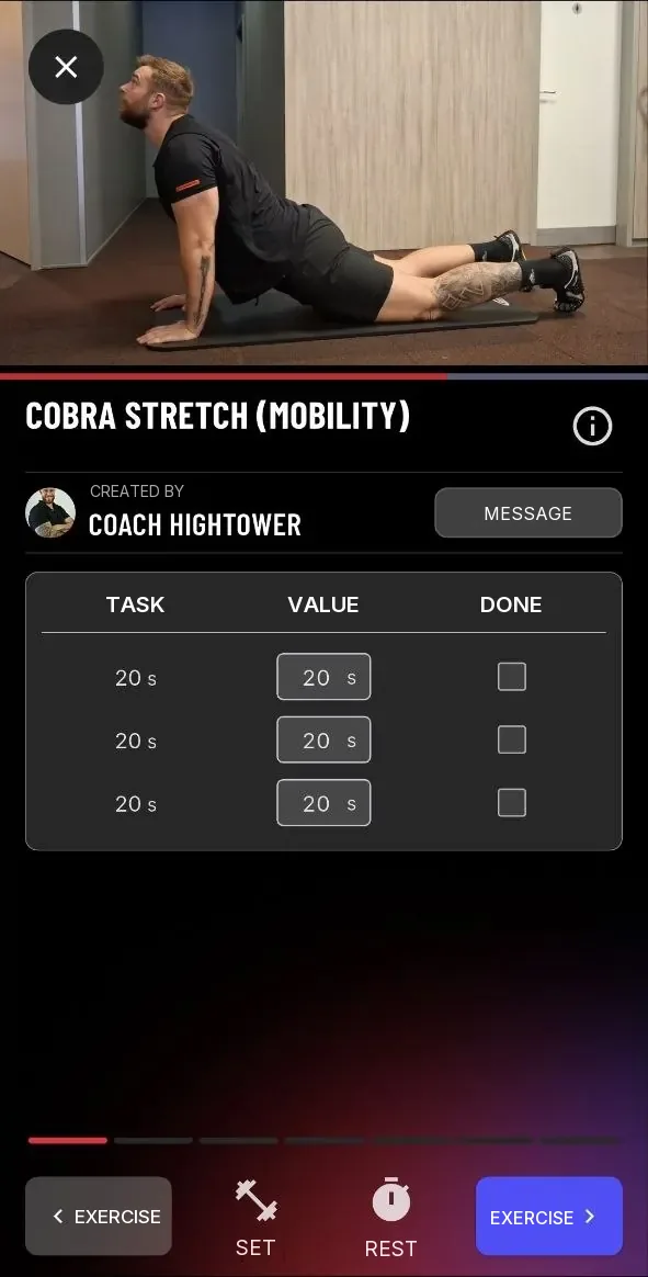Mobility exercise Cobra Stretch with hold times